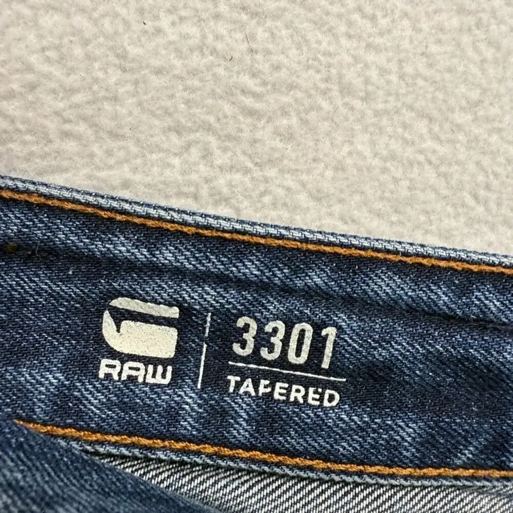 G Star Raw Jeans Mens 30x36 Fits 30x29 Blue 3301 Tapered Dark Wash Whisker Faded